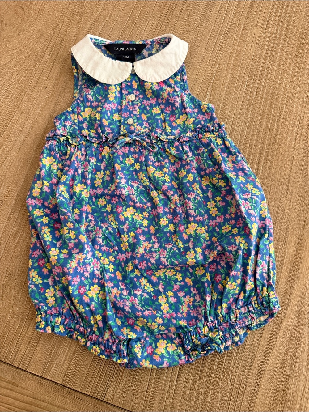 Ralph Lauren Blue Floral Baby Bubble Romper with White Peter Pan Collar